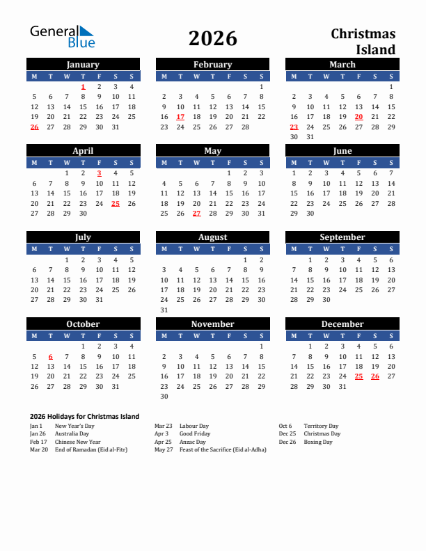 2026 Christmas Island Holiday Calendar