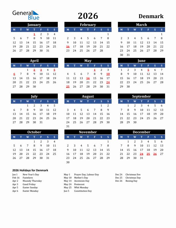 2026 Denmark Holiday Calendar