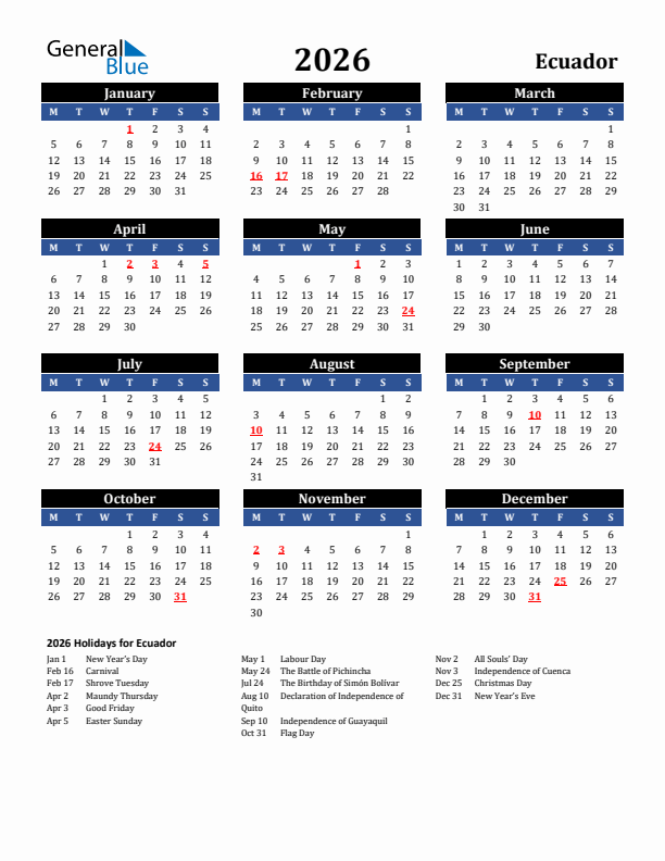2026 Ecuador Holiday Calendar