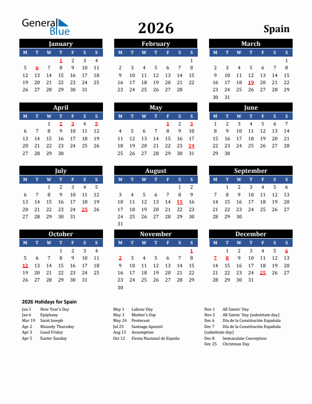 2026 Spain Holiday Calendar