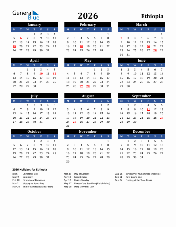 2026 Ethiopia Holiday Calendar