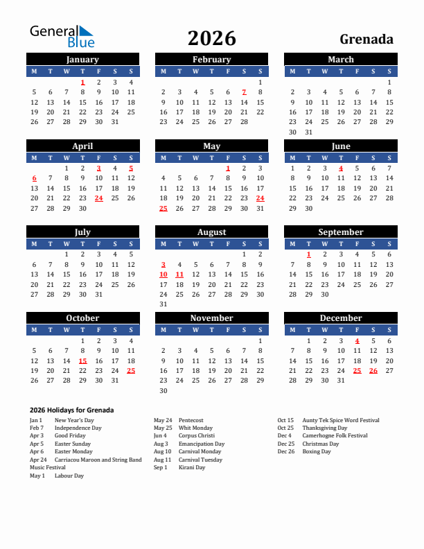 2026 Grenada Holiday Calendar