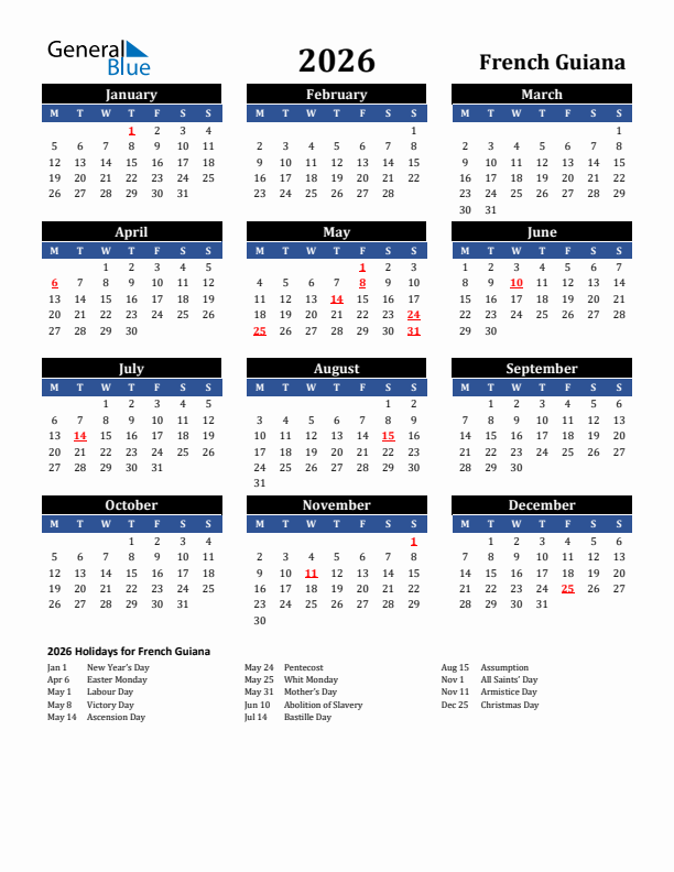 2026 French Guiana Holiday Calendar