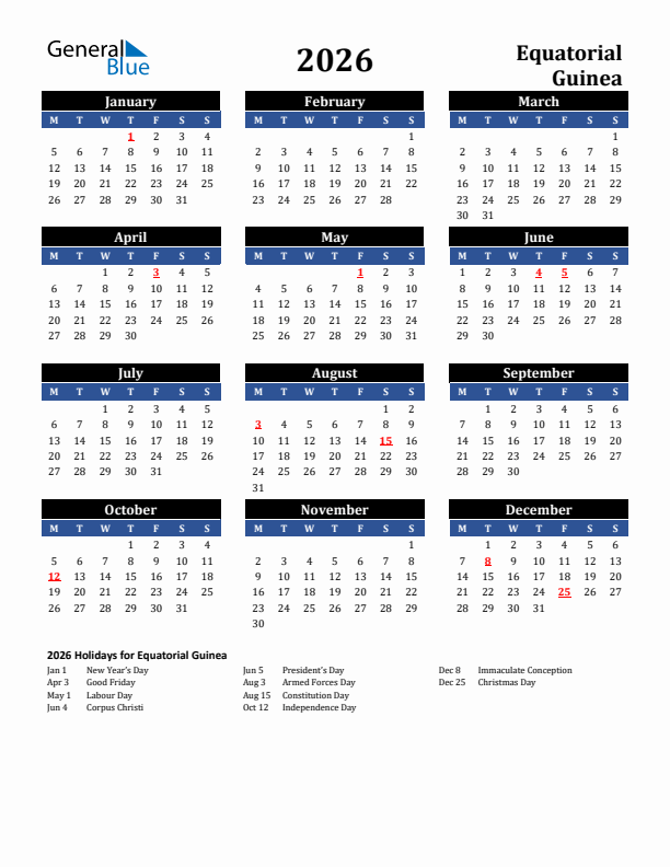2026 Equatorial Guinea Holiday Calendar