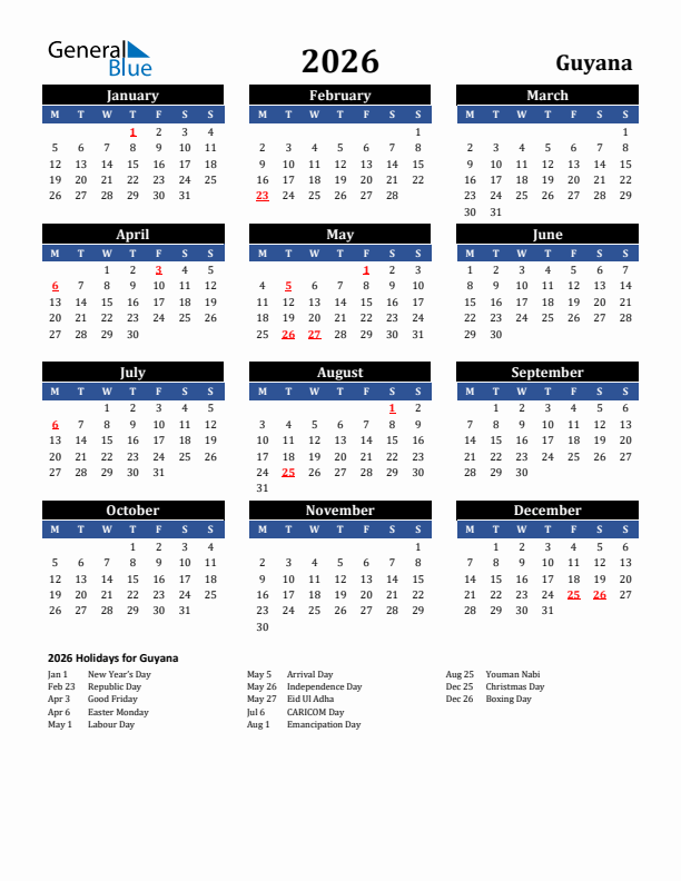2026 Guyana Holiday Calendar