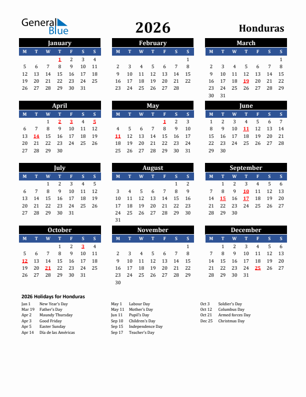 2026 Honduras Holiday Calendar