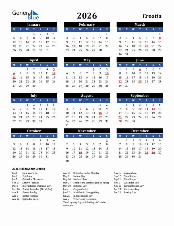 2026 Croatia Holiday Calendar