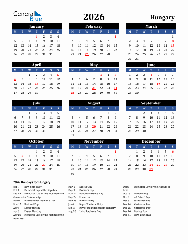 2026 Hungary Holiday Calendar