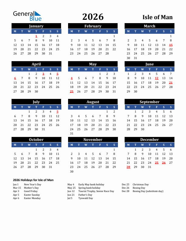2026 Isle of Man Holiday Calendar