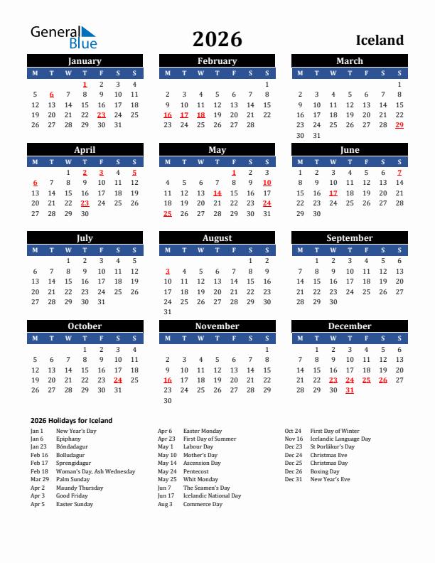 2026 Iceland Holiday Calendar