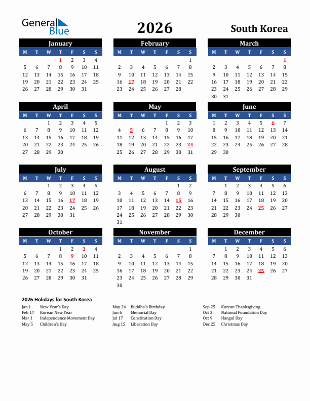 2026 South Korea Holiday Calendar