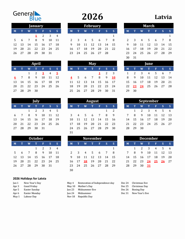 2026 Latvia Holiday Calendar
