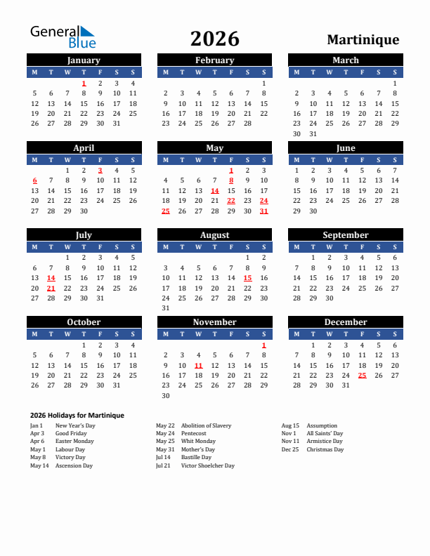 2026 Martinique Holiday Calendar