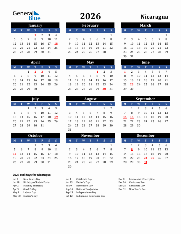 2026 Nicaragua Holiday Calendar