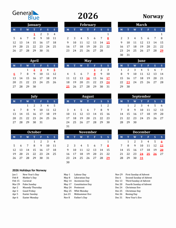 2026 Norway Holiday Calendar