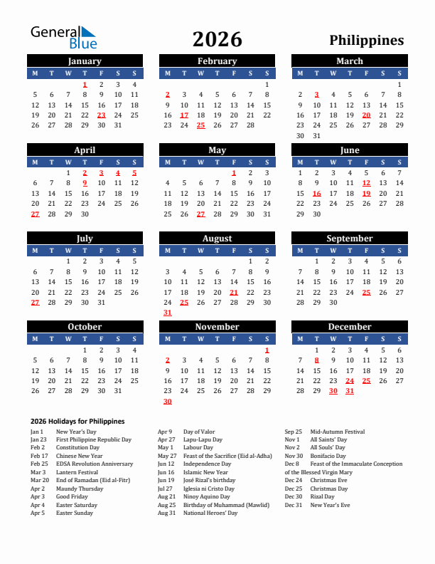 2026 Philippines Holiday Calendar