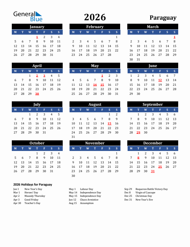 2026 Paraguay Holiday Calendar