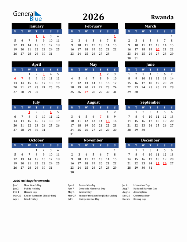 2026 Rwanda Holiday Calendar