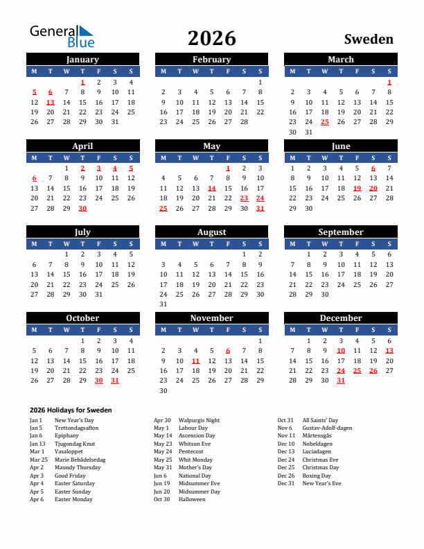 2026 Sweden Holiday Calendar