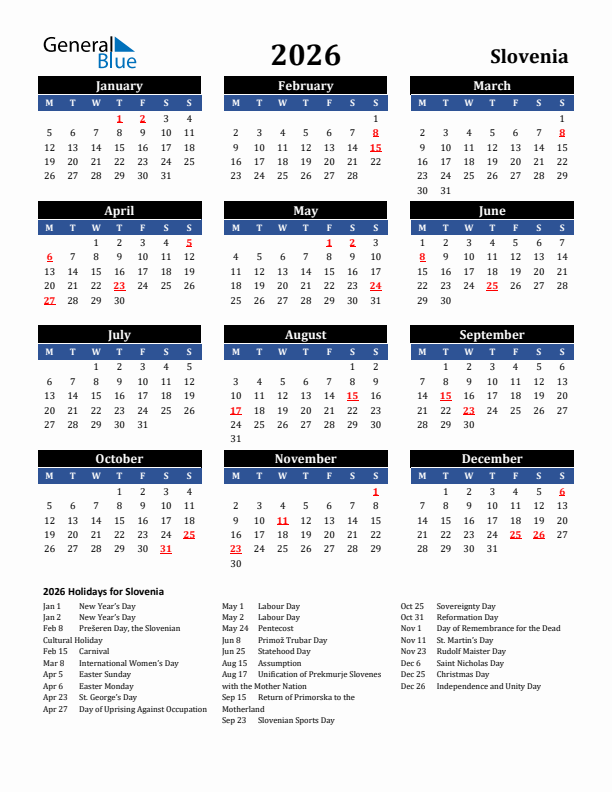 2026 Slovenia Holiday Calendar