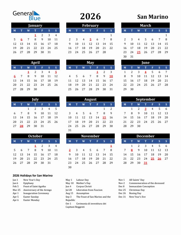 2026 San Marino Holiday Calendar