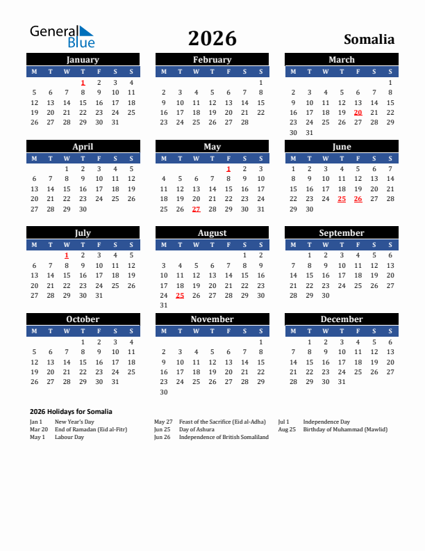 2026 Somalia Holiday Calendar