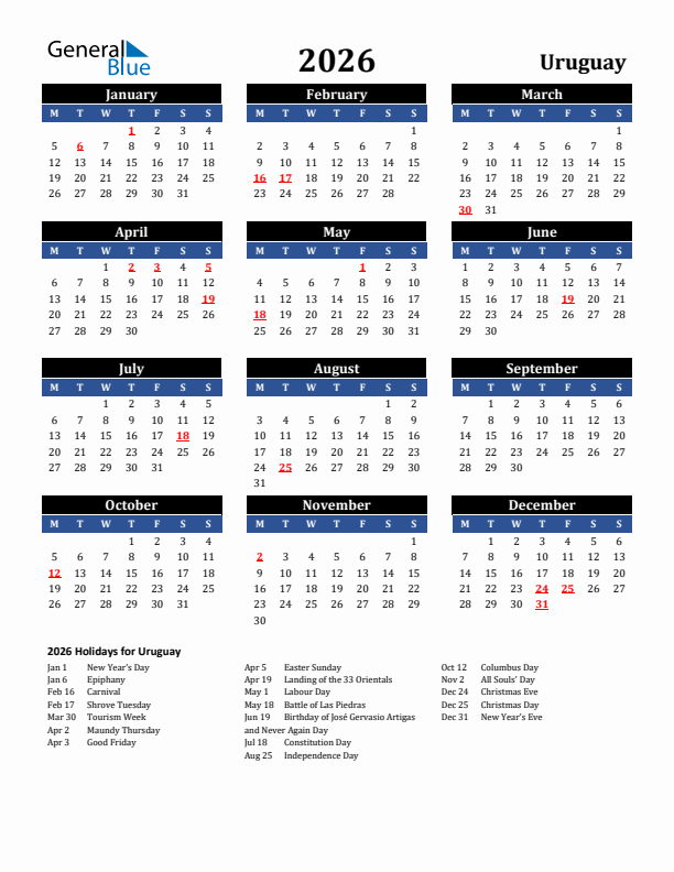 2026 Uruguay Holiday Calendar