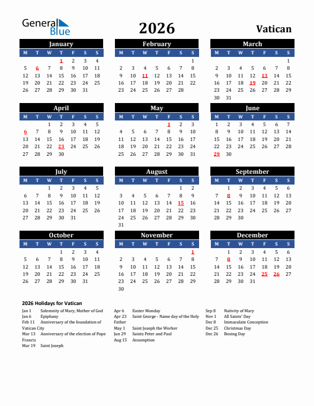 2026 Vatican Holiday Calendar