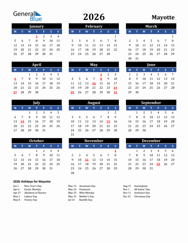 2026 Mayotte Holiday Calendar