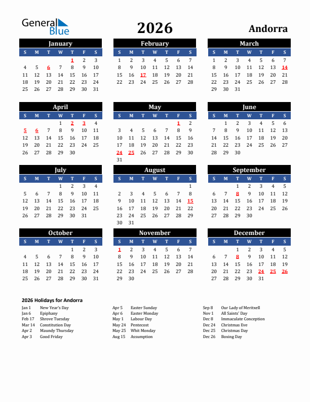 2026 Andorra Holiday Calendar