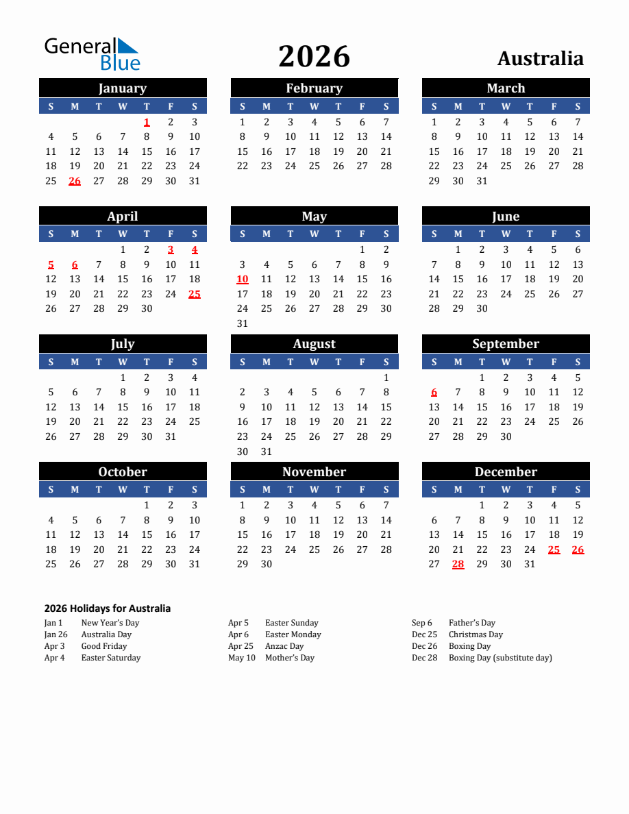 2026 Australia Holiday Calendar