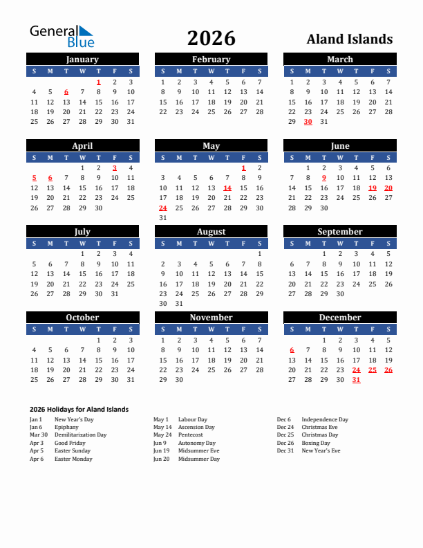 2026 Aland Islands Holiday Calendar