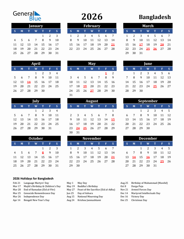 2026 Bangladesh Holiday Calendar