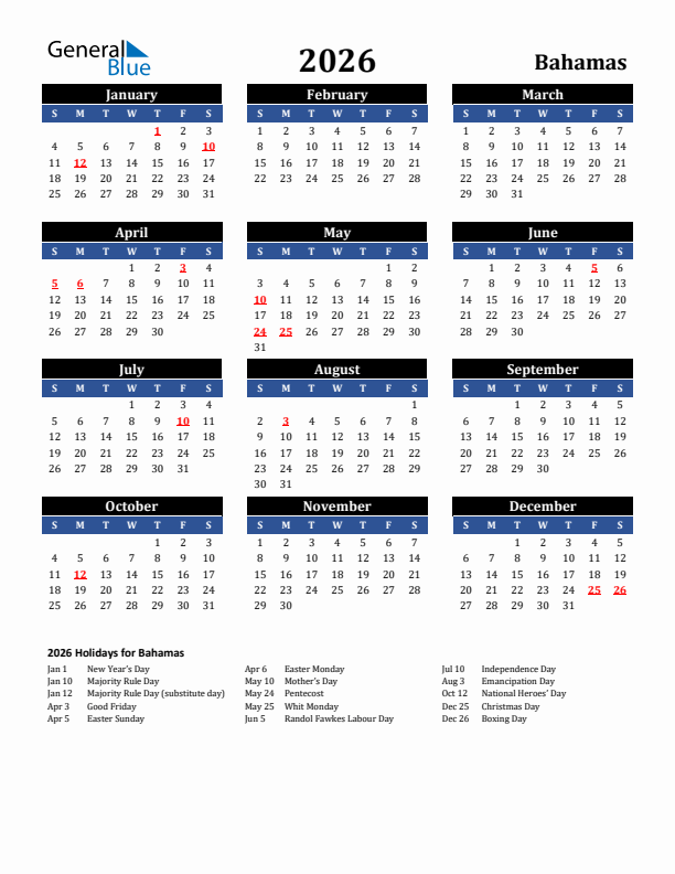 2026 Bahamas Holiday Calendar