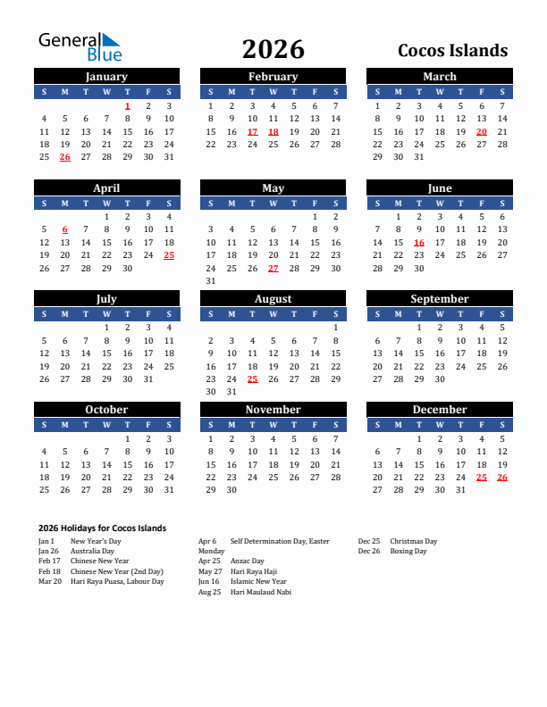 2026 Cocos Islands Holiday Calendar