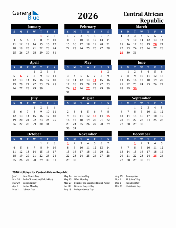 2026 Central African Republic Holiday Calendar