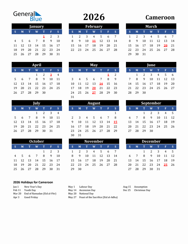 2026 Cameroon Calendar with Holidays
