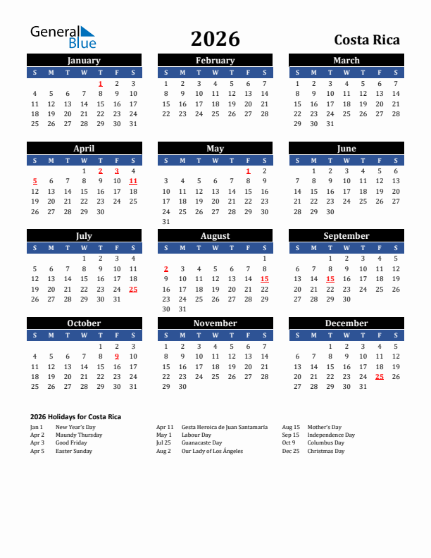 2026 Costa Rica Holiday Calendar