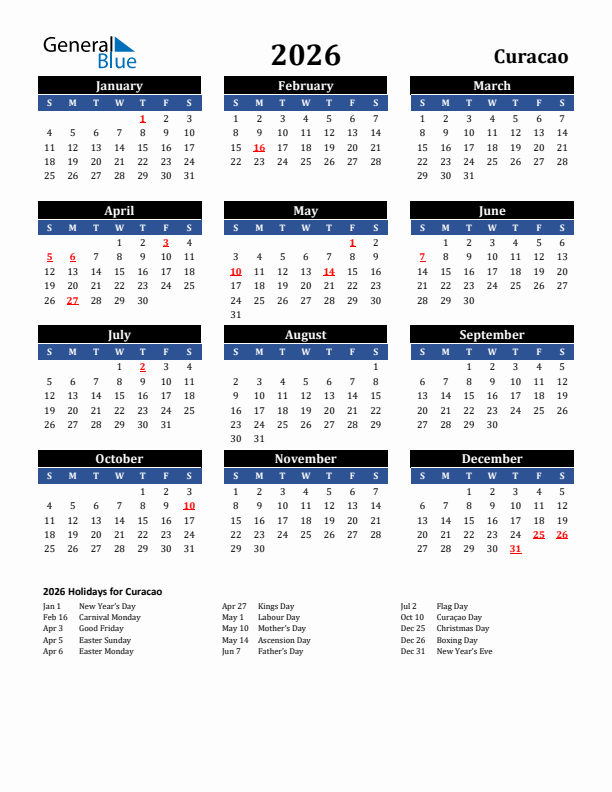 2026 Curacao Holiday Calendar