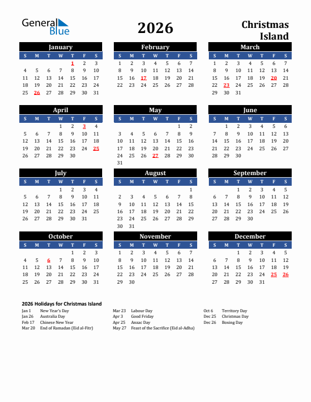 2026 Christmas Island Holiday Calendar