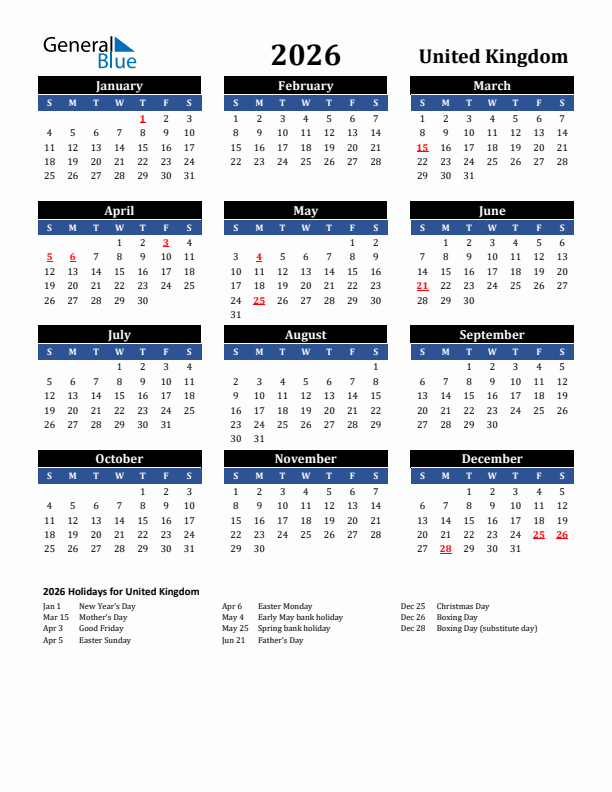 2026 United Kingdom Calendar with Holidays