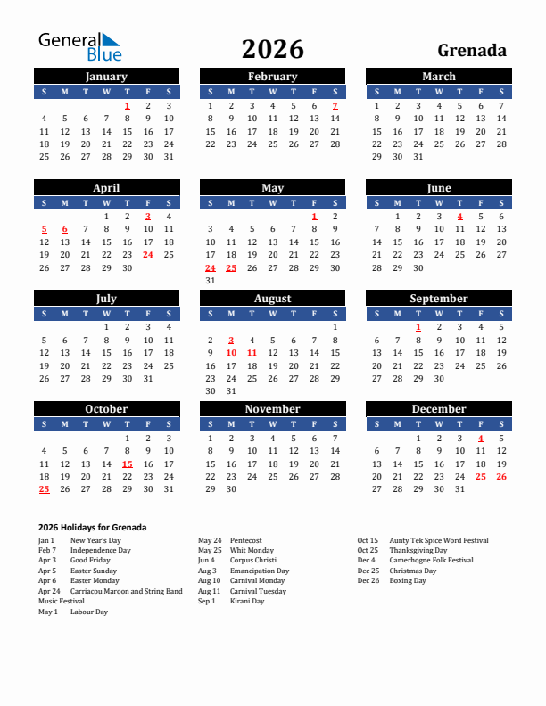 2026 Grenada Holiday Calendar