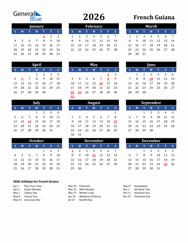 2026 French Guiana Holiday Calendar
