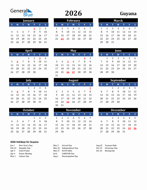 2026 Guyana Holiday Calendar