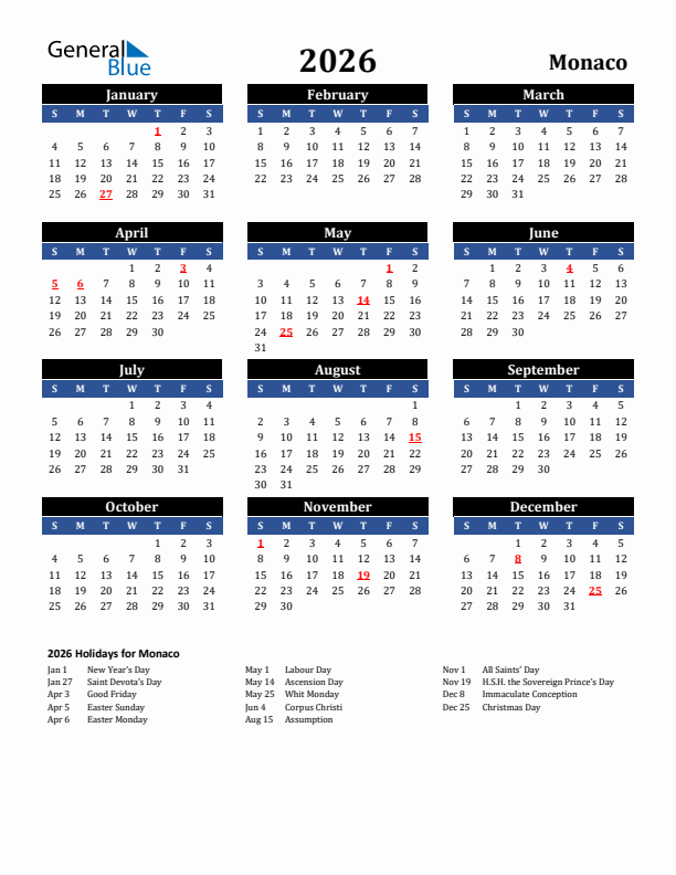 2026 Monaco Holiday Calendar