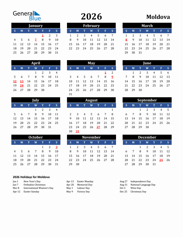 2026 Moldova Holiday Calendar