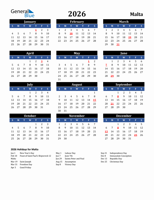 2026 Malta Holiday Calendar