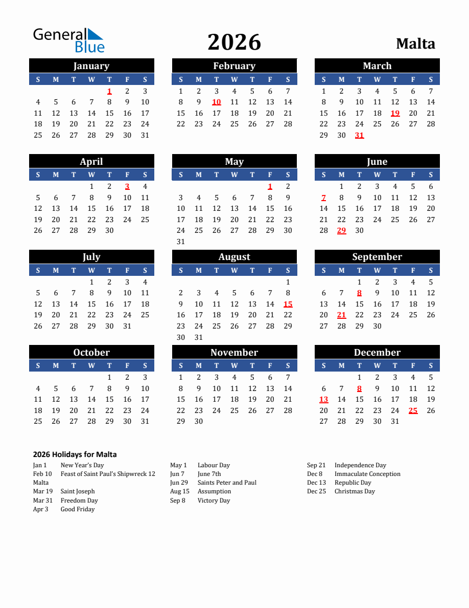 2026 Malta Holiday Calendar