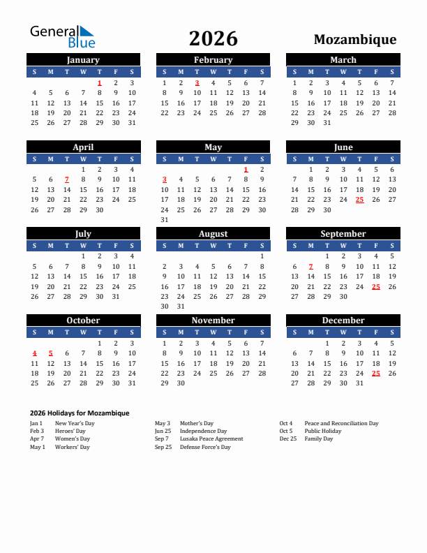 2026 Mozambique Holiday Calendar