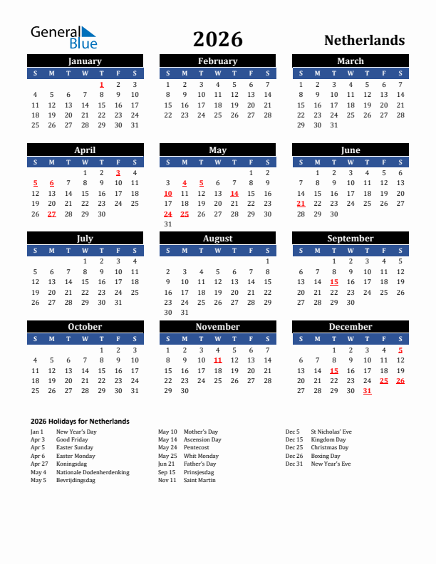 2026 The Netherlands Holiday Calendar